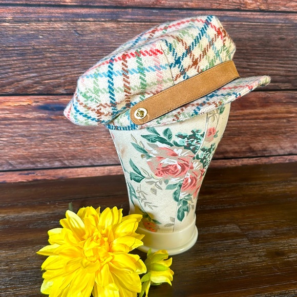 Vintage Coach Wool Colorful Plaid Newsboy Hat With Suede Trim. Size M/L - Picture 2 of 13